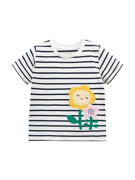 Flower Applique Stripe Short Sleeve