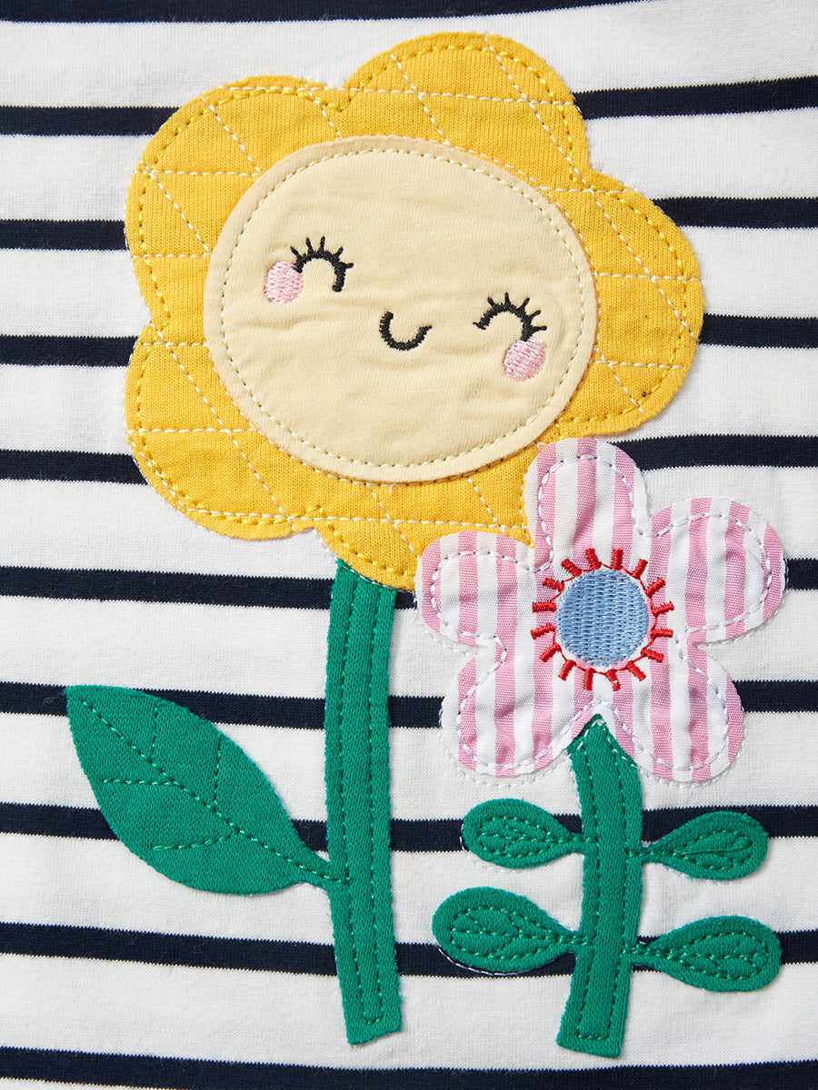 Flower Applique Stripe Short Sleeve